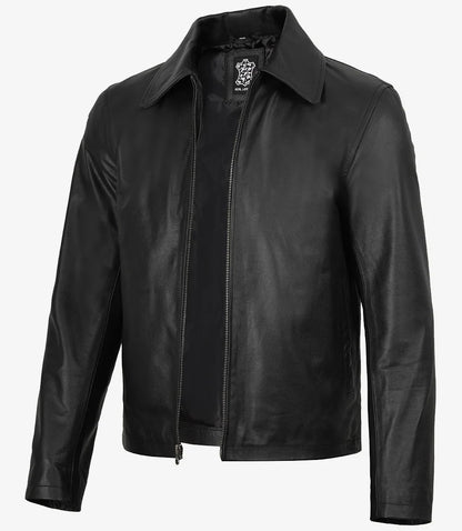Mens Black Shirt Collar Cowhide Leather Jacket