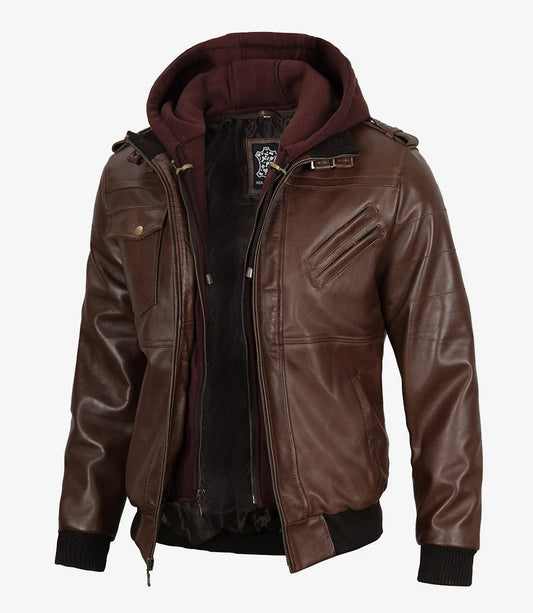 Men's Dark Brown Bomber Leather Jacket with Removable Hood