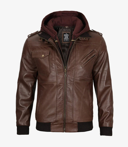 Men's Dark Brown Bomber Leather Jacket with Removable Hood