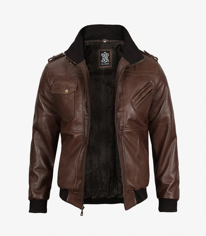 Men's Dark Brown Bomber Leather Jacket with Removable Hood