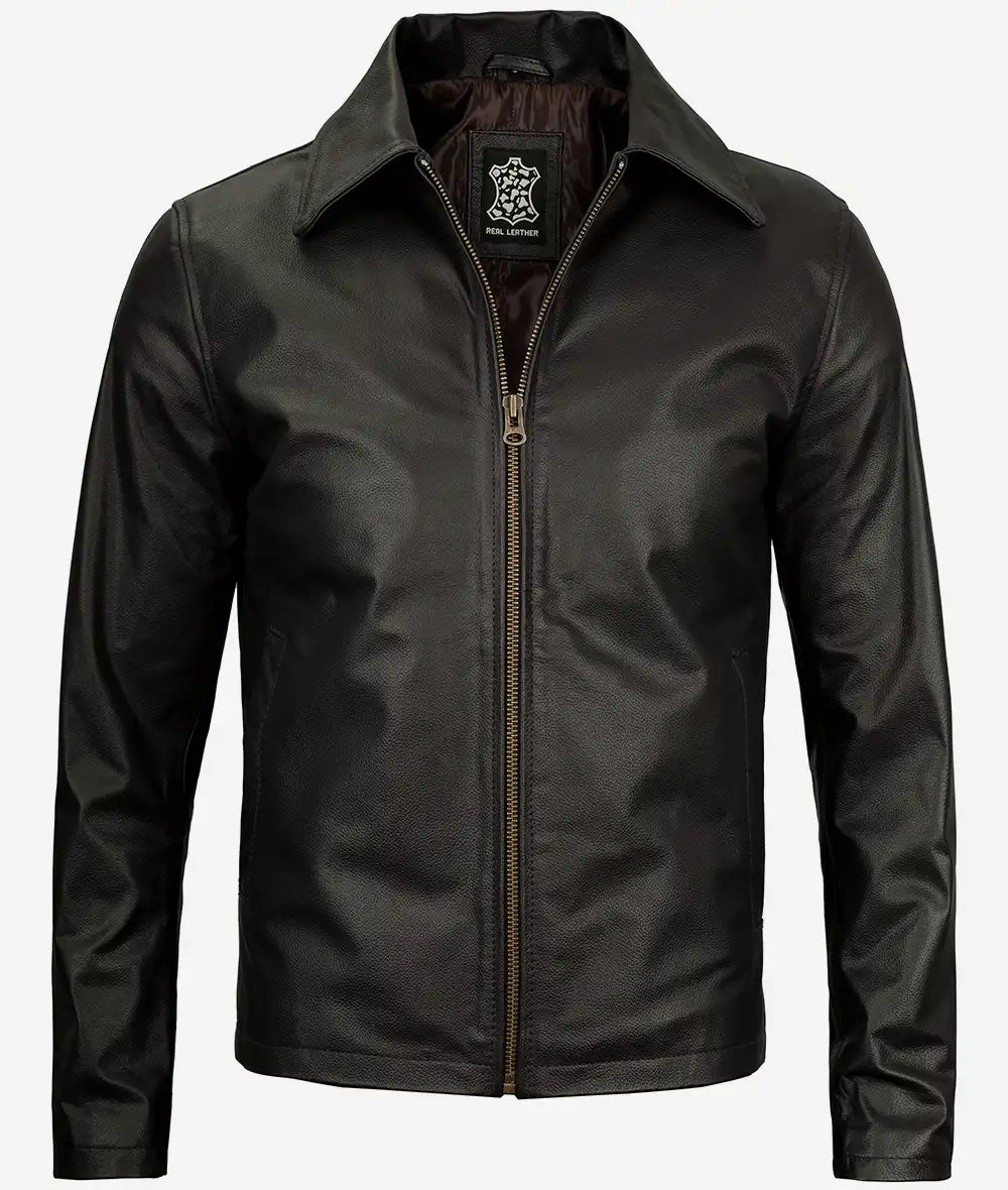 Men's Dark Brown Cowhide Leather Jacket with Shirt Collar Max Jackets