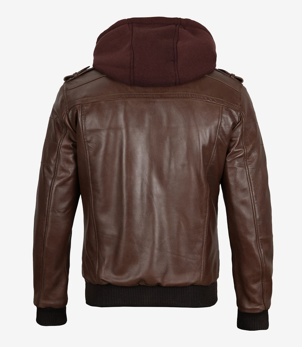 Men's Dark Brown Bomber Leather Jacket with Removable Hood