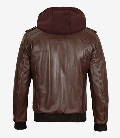 Men's Dark Brown Bomber Leather Jacket with Removable Hood