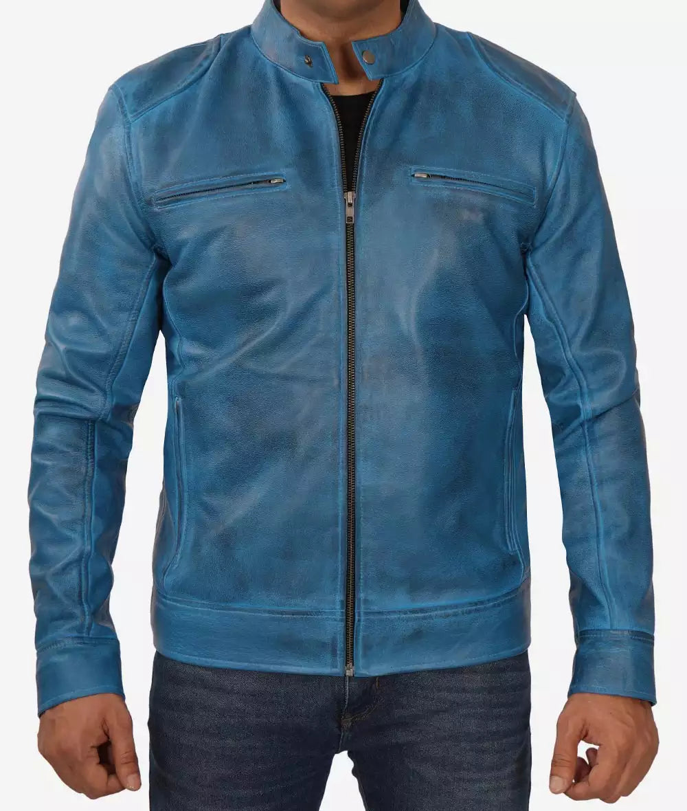 Mens Real Lambskin Leather Blue Cafe Racer Jacket Max Jackets