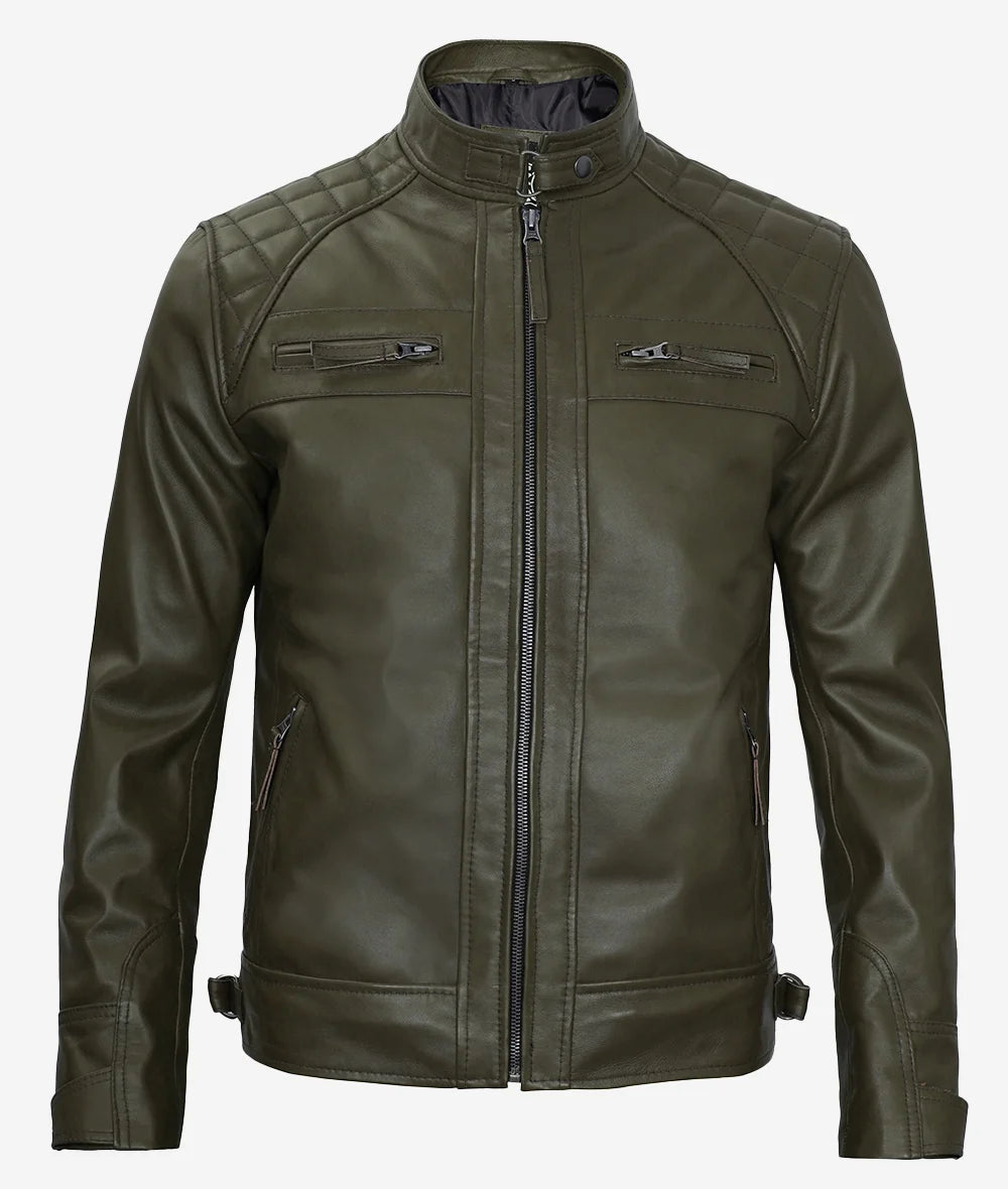 Mens Quilted Shoulder Military Green Cafe Racer Leather Jacket Max Jackets