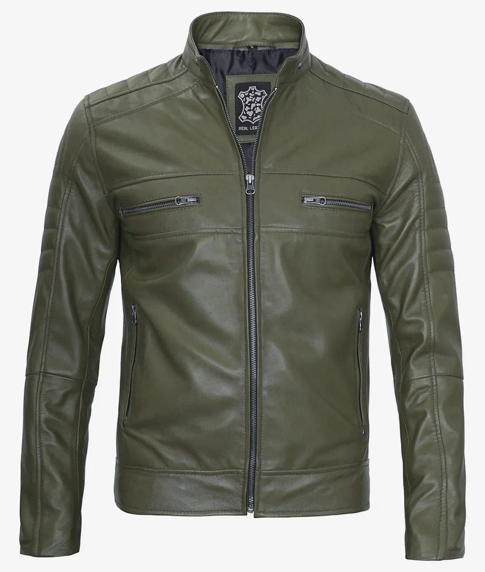 Mens Olive Green Biker Style Leather Jacket