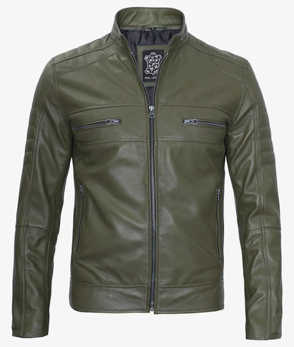 Mens Olive Green Biker Style Leather Jacket