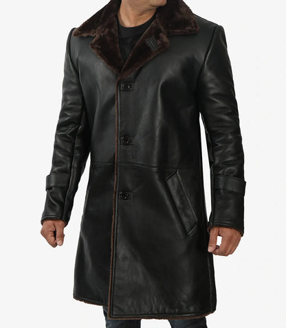 Men's 3/4 Length Black Leather Shearling Coat