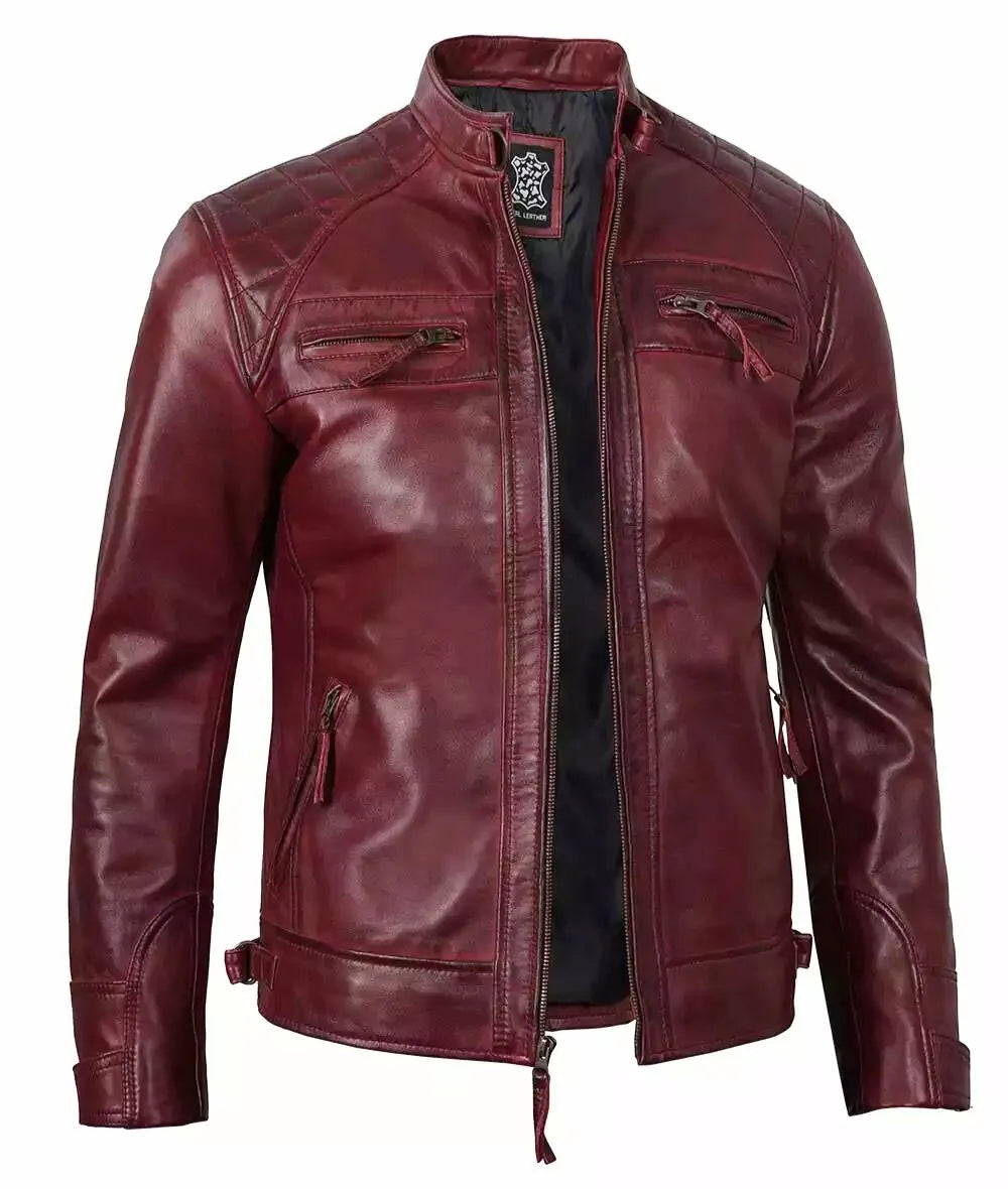 Mens Real Leather Burgundy Biker Jacket - Quilted Shoulder