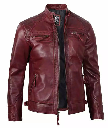 Mens Real Leather Burgundy Biker Jacket - Quilted Shoulder