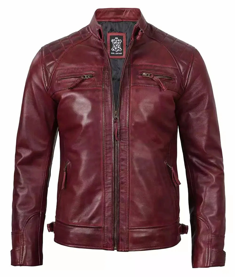 Mens Real Leather Burgundy Biker Jacket - Quilted Shoulder