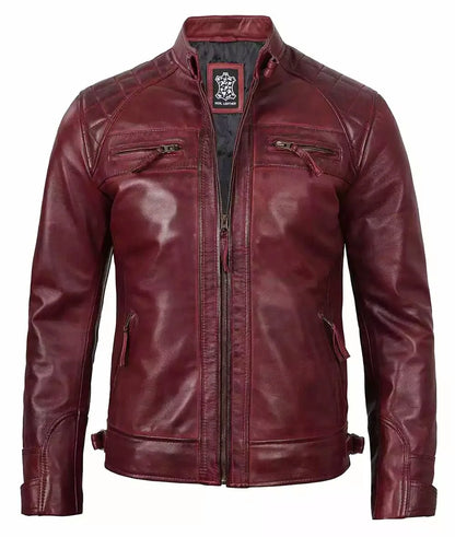 Mens Real Leather Burgundy Biker Jacket - Quilted Shoulder