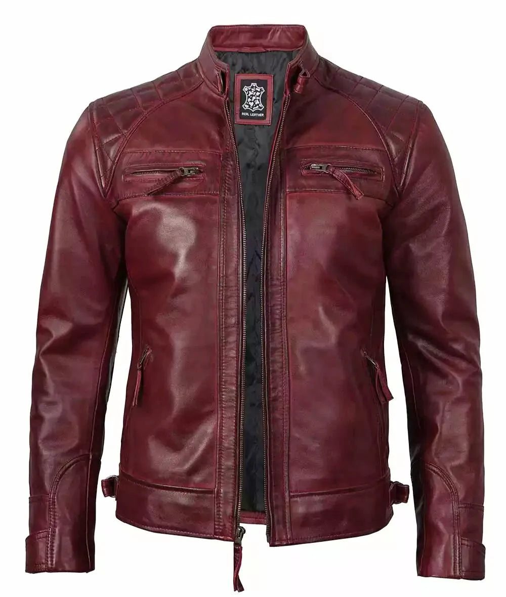 Mens Real Leather Burgundy Biker Jacket - Quilted Shoulder