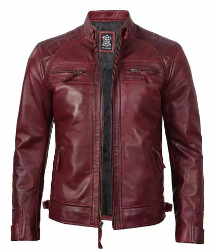 Mens Real Leather Burgundy Biker Jacket - Quilted Shoulder