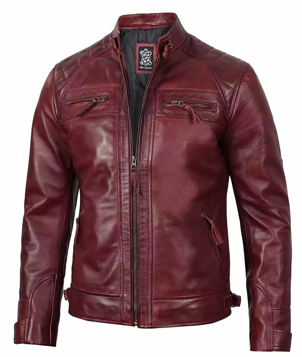 Mens Real Leather Burgundy Biker Jacket - Quilted Shoulder
