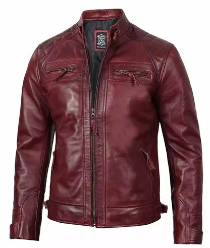 Mens Real Leather Burgundy Biker Jacket - Quilted Shoulder