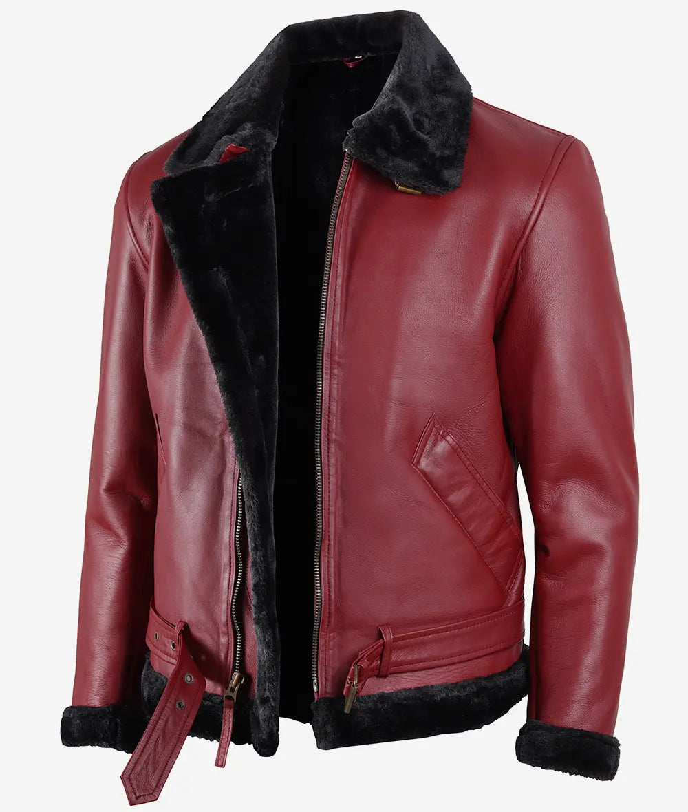 Men's Maroon Leather Shearling Bomber Jacket Max Jackets