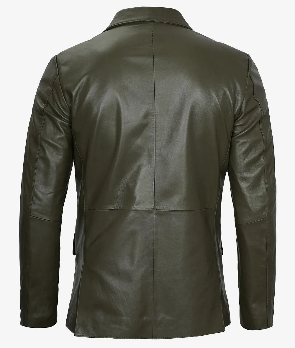 Mens Two Button Olive Green Leather Blazer