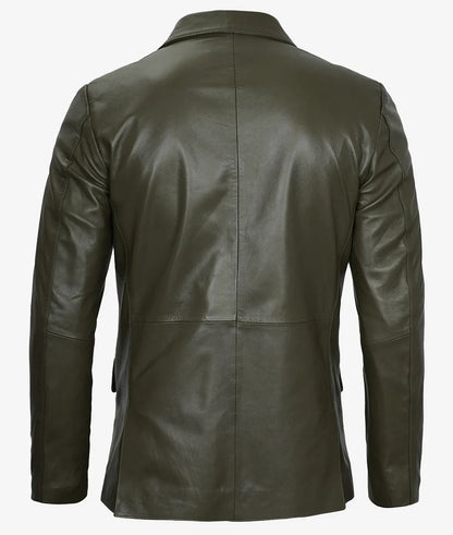 Mens Two Button Olive Green Leather Blazer