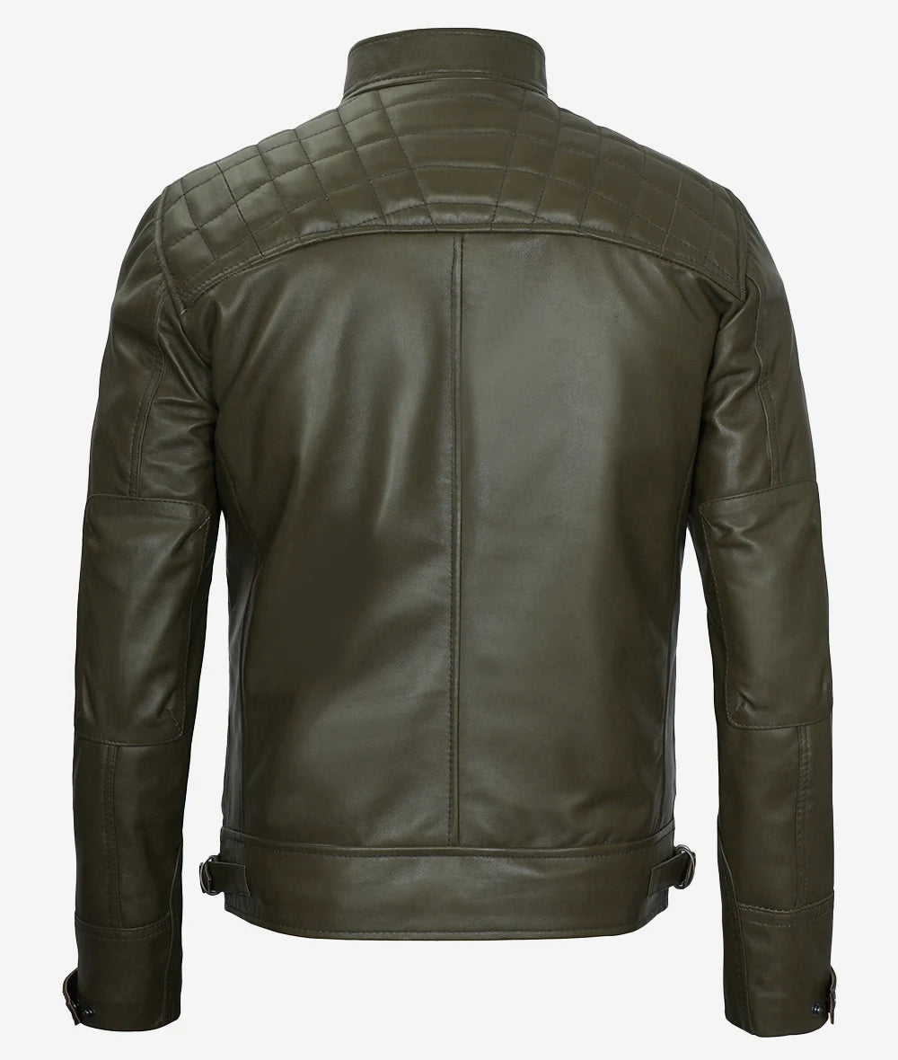 Mens Quilted Shoulder Military Green Cafe Racer Leather Jacket Max Jackets