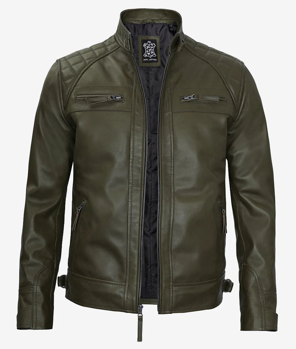 Mens Quilted Shoulder Military Green Cafe Racer Leather Jacket Max Jackets