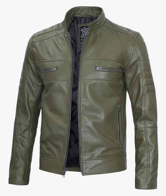 Mens Olive Green Biker Style Leather Jacket