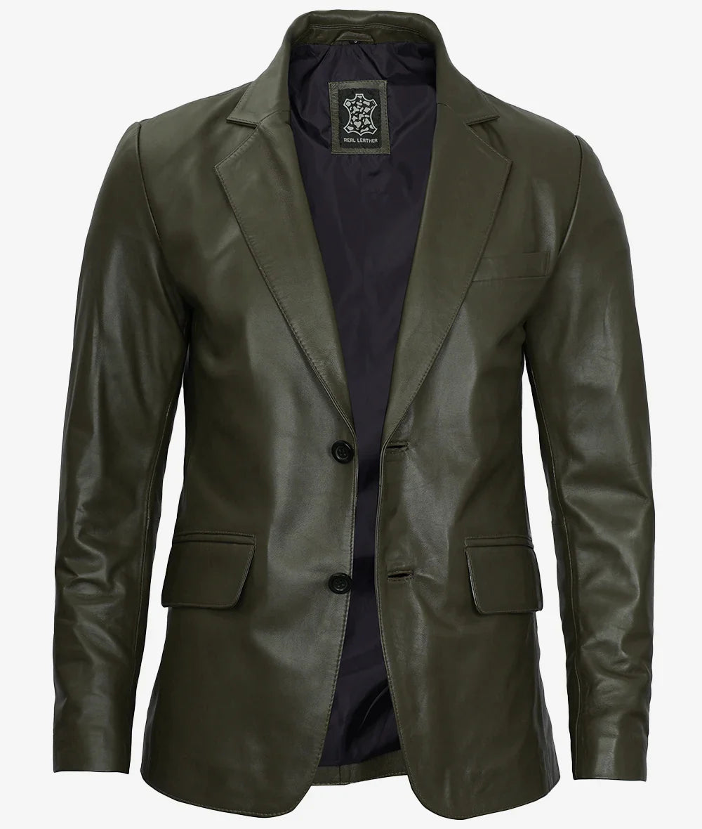Mens Two Button Olive Green Leather Blazer