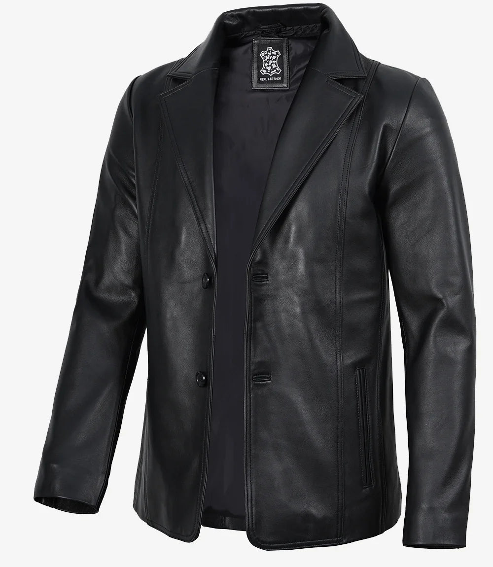 Mens Real Leather 2 Button Black Leather Blazer - Notch Lapel