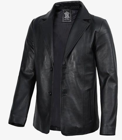 Mens Real Leather 2 Button Black Leather Blazer - Notch Lapel