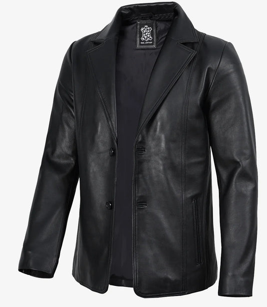 Mens Real Leather 2 Button Black Leather Blazer - Notch Lapel
