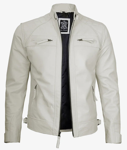 Men's Off White Biker Style Leather Jacket - Quilted Shoulder