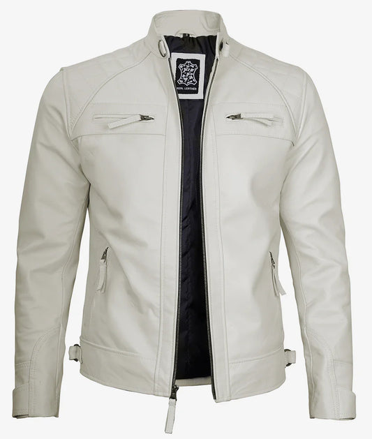 Men's Off White Biker Style Leather Jacket - Quilted Shoulder