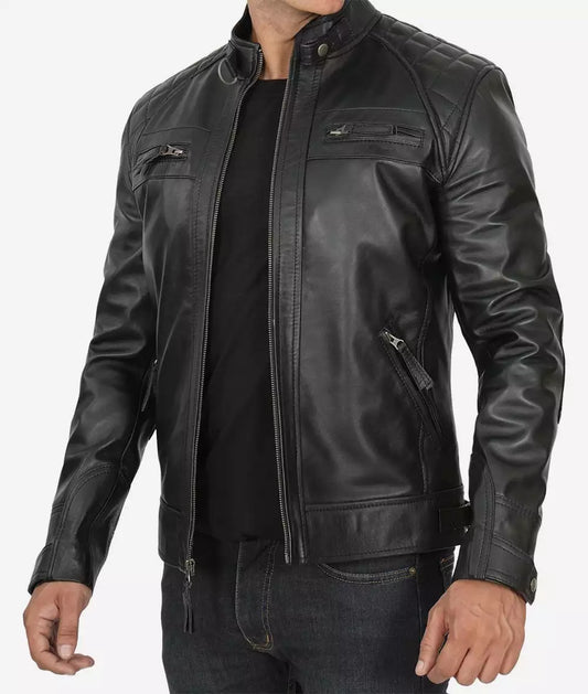 Men's Tall Quilted Shoulder Black Biker Style Leather Jacket