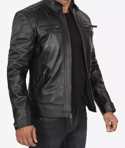 Men's Tall Quilted Shoulder Black Biker Style Leather Jacket
