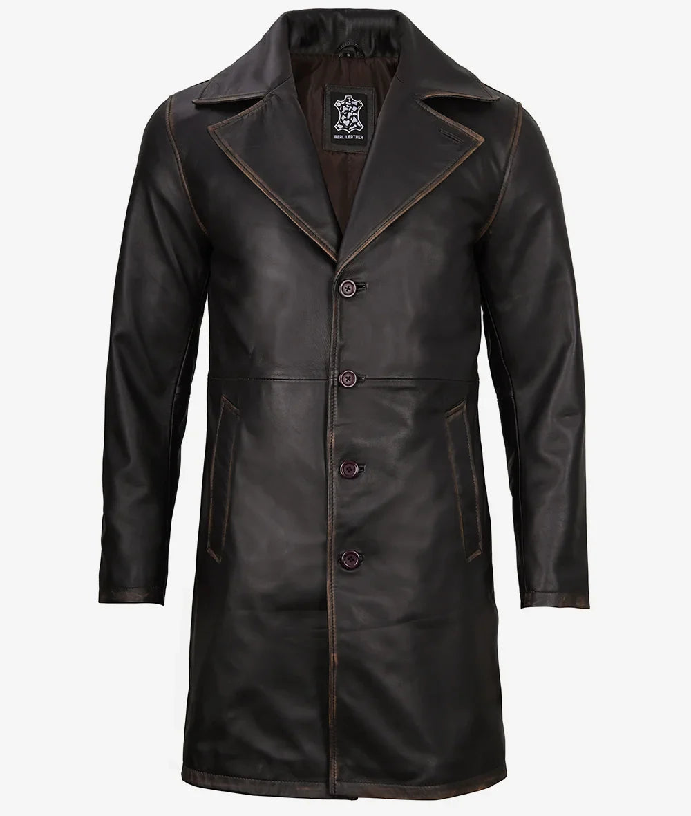 Mens Real Leather Distressed Brown Car Coat