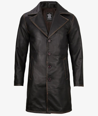 Mens Real Leather Distressed Brown Car Coat