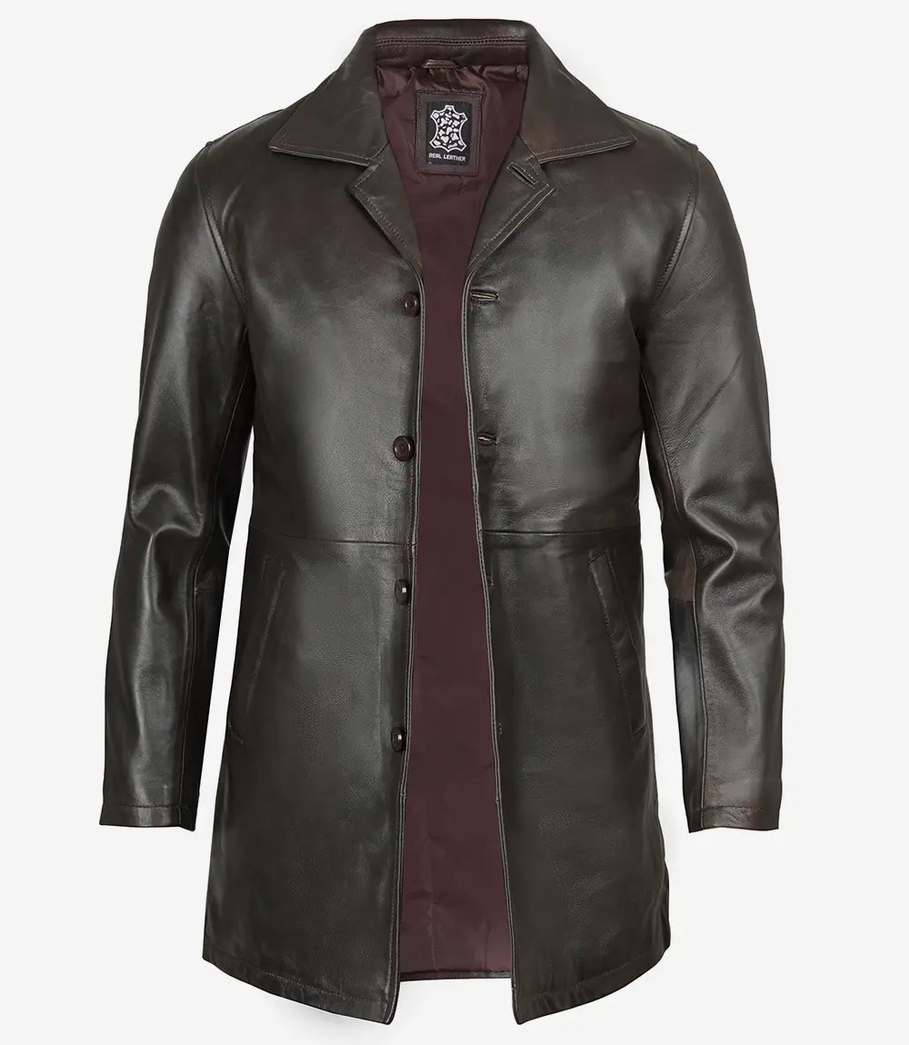 Men's Tall Vintage Dark Brown 3/4 Length Leather Coat