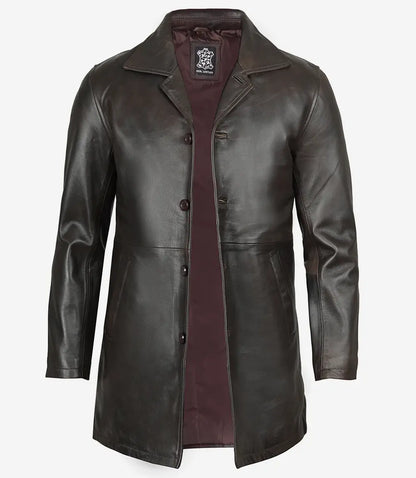 Men's Tall Vintage Dark Brown 3/4 Length Leather Coat