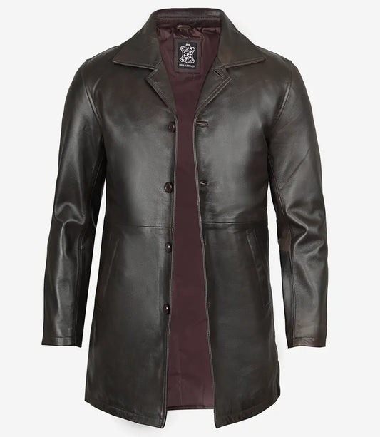 Men's Tall Vintage Dark Brown 3/4 Length Leather Coat