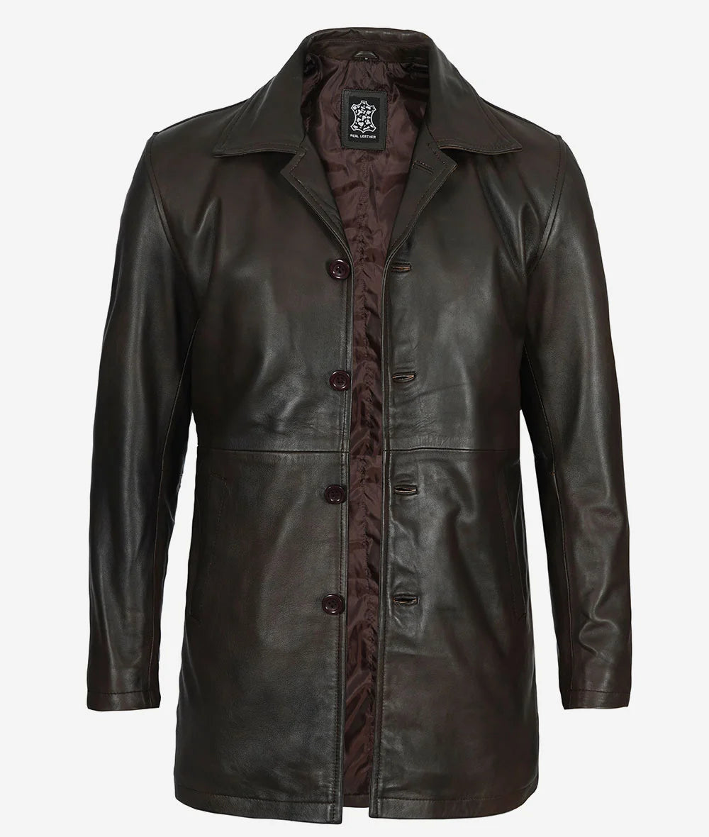 Men's Real Leather Dark Brown Car Coat Max Jackets