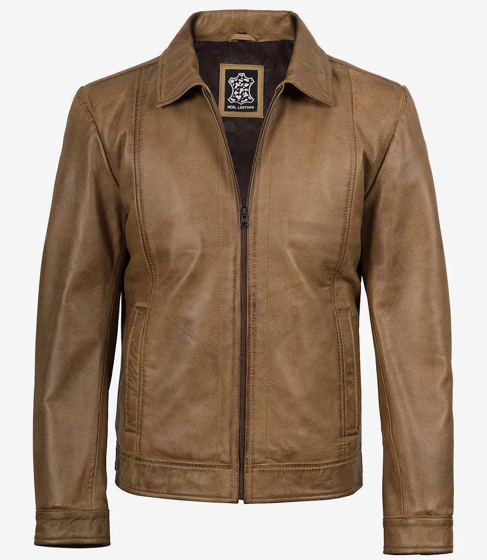 Mens Yellow Waxed Shirt Collar Harrington Leather Jacket