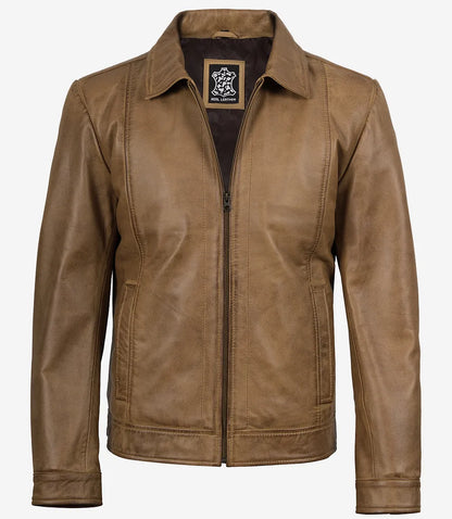 Mens Yellow Waxed Shirt Collar Harrington Leather Jacket
