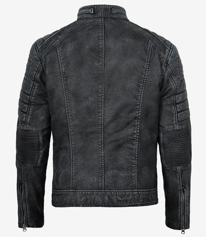Men's Distressed Washed Black Leather Cafe Racer Jacket
