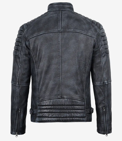 Mens Black Washed Leather Biker Style Jacket
