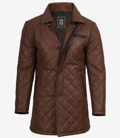 Men's Cognac Diamond Quilted Leather Car Coat With Black Detailing