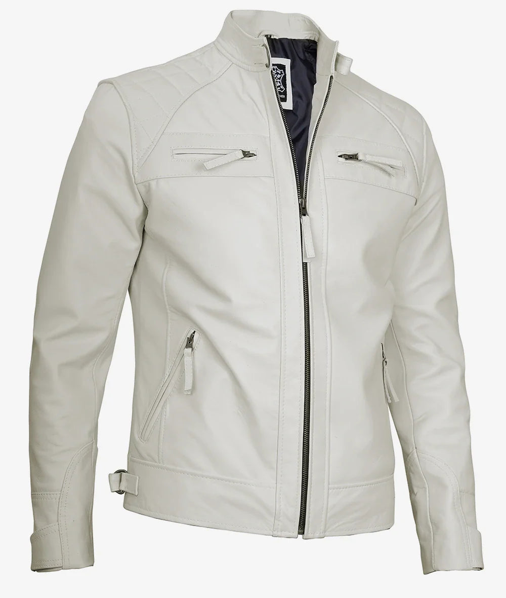 Men's Off White Biker Style Leather Jacket - Quilted Shoulder