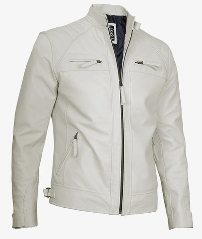 Men's Off White Biker Style Leather Jacket - Quilted Shoulder