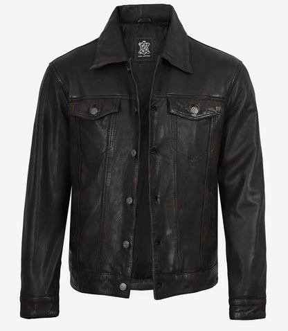Men’s Black Washed Leather Trucker Jacket – Maroon Waxed Finish