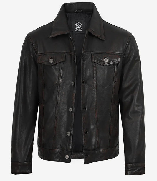 Men’s Black Washed Leather Trucker Jacket – Maroon Waxed Finish
