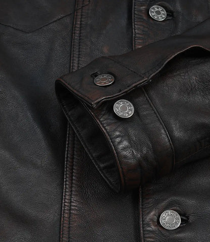 Men’s Black Washed Leather Trucker Jacket – Maroon Waxed Finish